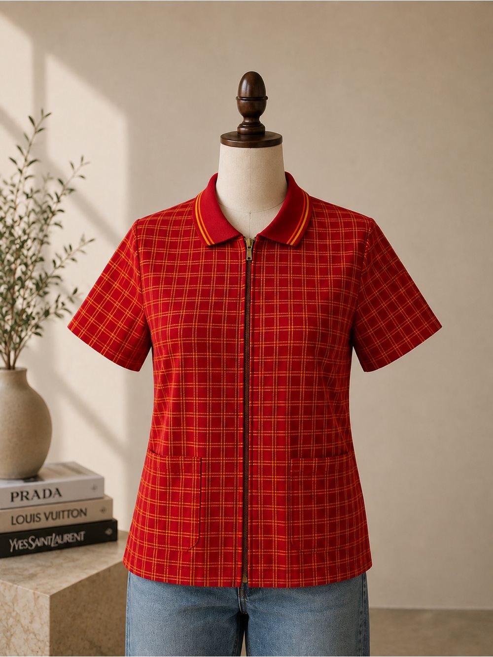 Vintage Chaus Sport Red Plaid Zip Front Cotton Shirt Jacket L